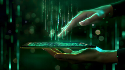 Two Hands Hold Futuristic Tablet Green Digital Rain Data Streams Technology image