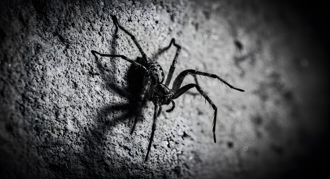 Close-up of a Spiders on a Rough Wall in Black and White, Revealing Intricate Details of Its Legs and Body