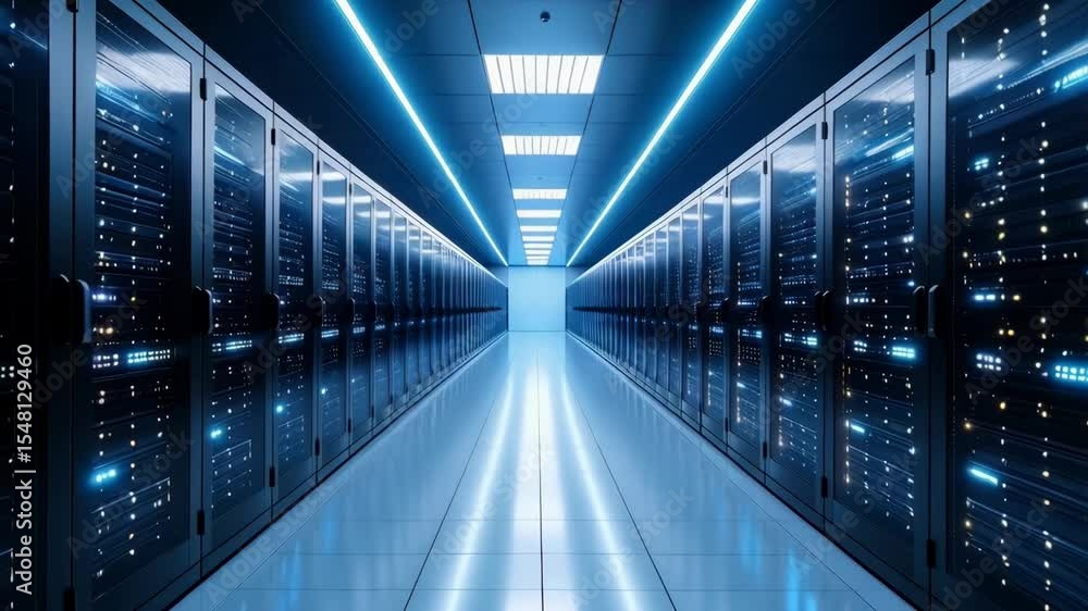 Poster illuminated corridor in data center filled with rows of server racks providing it service