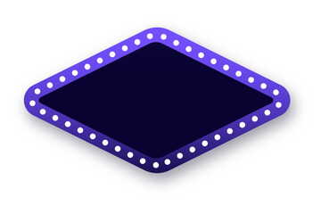 Empty purple illuminated diamond frame with glowing lights on dark background for retro design concept