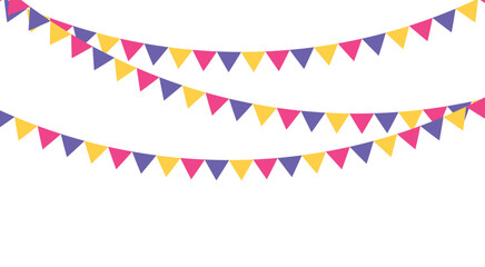 Carnival garland with flags for festive decoration in yellow, violet and pink colors.	