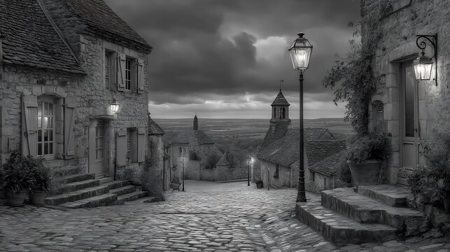 Fototapeta Enchanted Twilight: A Monochrome Village Street