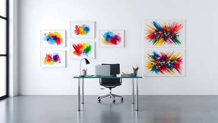 Vibrant Abstract Artwork Adorns Modern Glass Desk Workspace Featuring Red Blue Yellow Green Colorful Paintings in White Frames Minimalist Interior Design