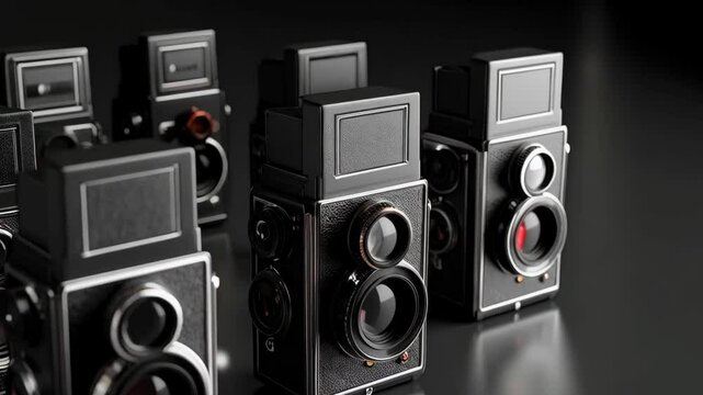 Group of medium format twin lens cameras in classic black on a reflective surface in a studio setting for photographers