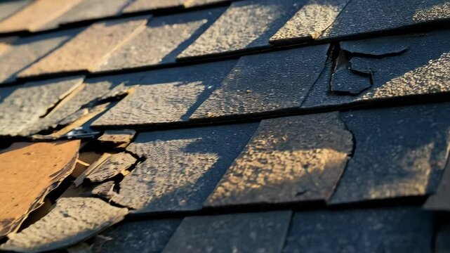 Close-up of damaged asphalt shingles on a residential rooftop showing missing and broken pieces in need of repair.