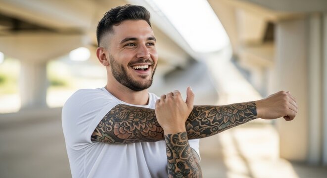 Bearded Athlete: Young Man Doing Arm Stretch with Joyful Expression