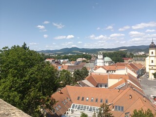 A panoramic view of trencin slovakia featuring its historic cityscape, river, and surrounding hills...