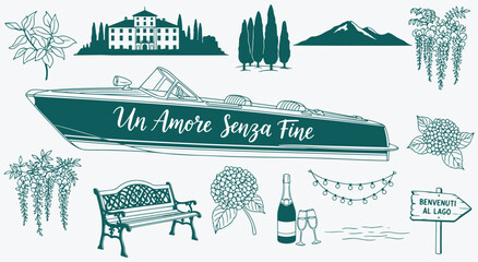 Endless love speedboat pack. Classic runabout with script, grand villa, cypress row, volcano, wisteria, hydrangea, garden bench, fairy-light banner, prosecco and lake sign