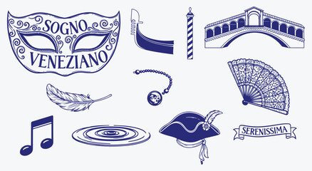 Dreamy Venetian icon bundle. Masquerade mask, gondola, striped mooring pole, Rialto bridge, tricorne hat, lace fan, feather quill, rippling canal and Serenissima banner © MH HASIB