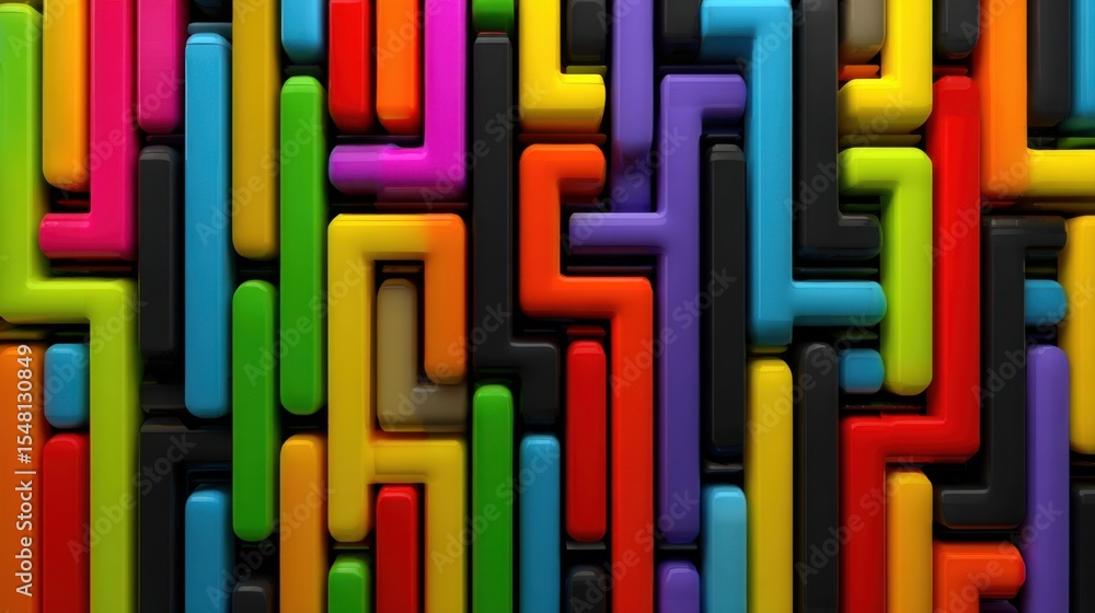 Poster brightly colored shapes form an intricate geometric pattern against a dark backdrop, creating an eye