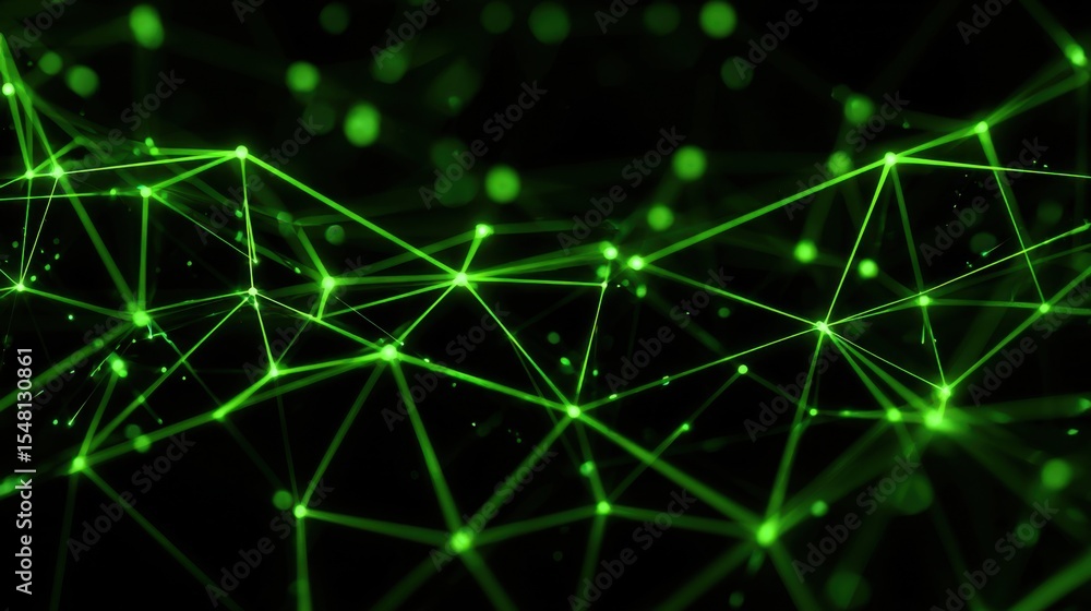 Poster green lines and points form a complex digital network, creating an abstract representation of techno