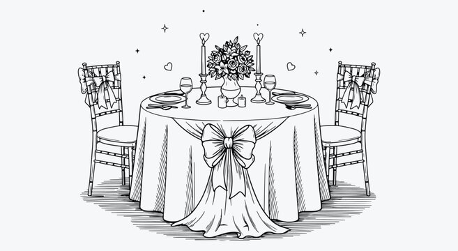 Sweetheart dinner vignette. Single round table with bow sash chairs, candles and sparkling stars drawn in ink style for romantic invitation art - Powered by Adobe