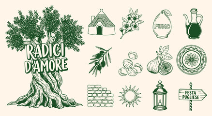 Radici d’amore Puglia icon pack. Ancient olive tree, trullo house, olive branch, fig, sun rosette tile and lantern symbols in deep green rustic sketch