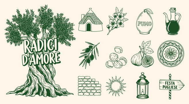 Radici d&rsquo;amore Puglia icon pack. Ancient olive tree, trullo house, olive branch, fig, sun rosette tile and lantern symbols in deep green rustic sketch