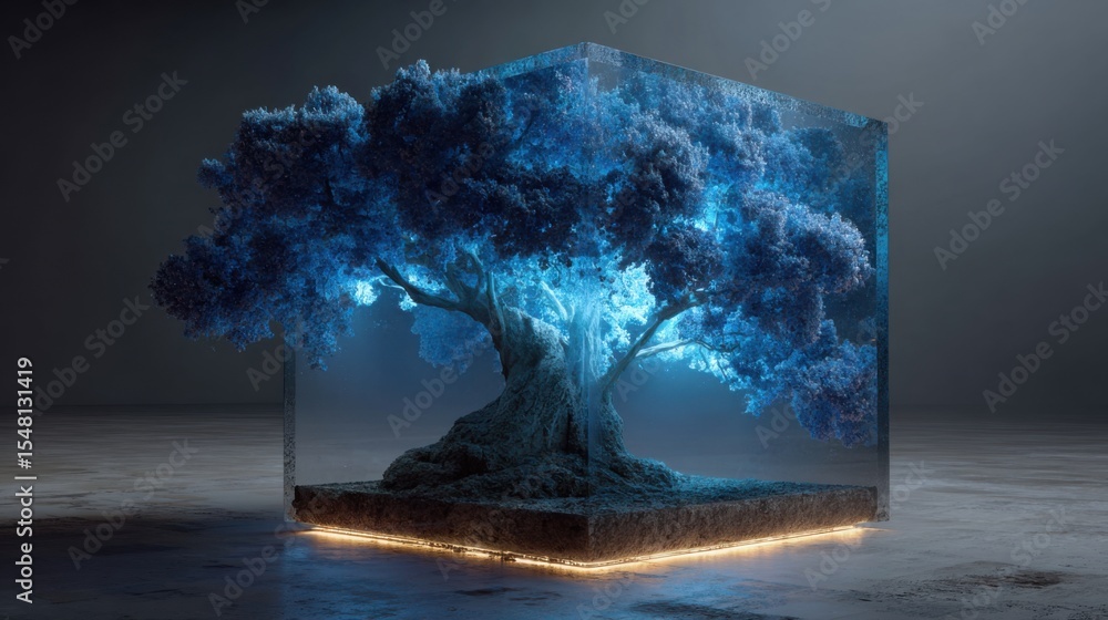 Poster a captivating blue tree is enclosed in a clear cube, illuminated from within. the minimalist backgro
