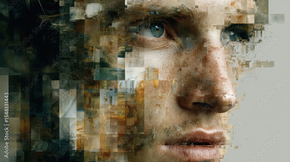 Poster a close-up view of a human face appears to be dissolving into a grid of pixels. the colors range fro