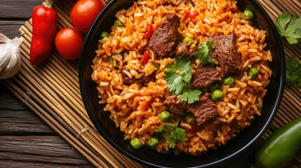 Fototapeta premium Traditional Asian-style beef fried rice in a bowl surrounded by raw ingredients on a bamboo mat
