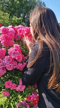 Lovely young woman enjoys the presence in the rose garden as enjoys smelling a large cluster of vibrant pink rosy, savouring the fragrance with closed eyes, gently touching the blooms