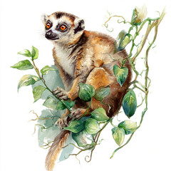 A single watercolor vivid little lemur with vines