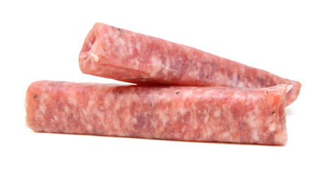 Raw meat sausages isolated on white background 