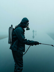 Disinfector in Protective Gear: Spraying Mist in a Foggy Environment