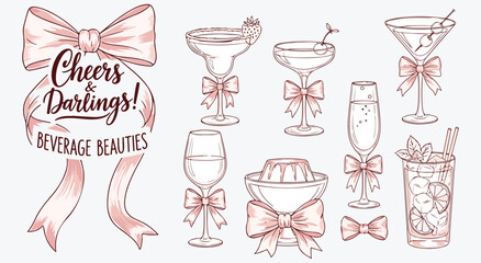 Cheers Darlings beverage beauties. Margarita, coupe, martini, flute and highball glasses dressed with satin bows plus ribbon banner for bridal cocktail art