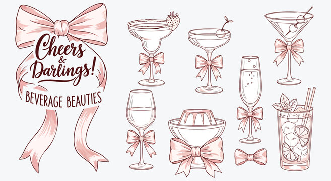 Cheers Darlings beverage beauties. Margarita, coupe, martini, flute and highball glasses dressed with satin bows plus ribbon banner for bridal cocktail art