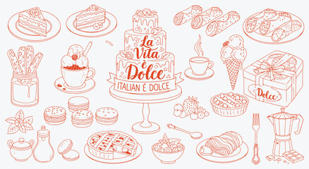 La vita e dolce pastry collection. Cannoli, gelato cone, tiered celebration cake, espresso moka pot, biscotti and assorted Italian sweets icons for bakery branding
