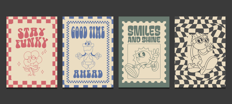 retro cartoon trendy posters, vector illustration