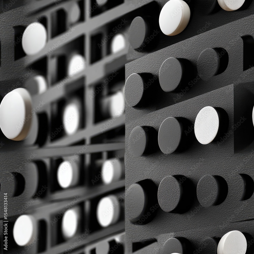 Poster close-up view of white dots on black background showcasing a minimalistic halftone pattern illuminat