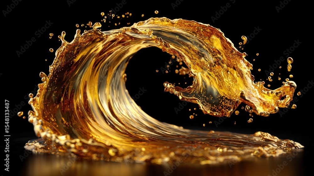Poster golden liquid forms a dynamic wave, highlighted against a contrasting dark background. the flow exhi