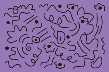 Memphis geometric seamless pattern. Purple abstract background with squiggly shapes, curls, and random marker-style brush doodles. Artistic vector illustration in a fun textured style.