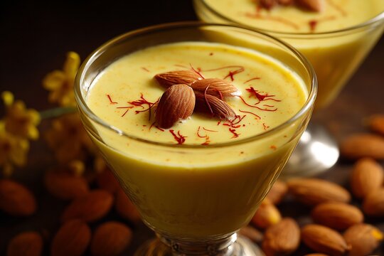 Close up of creamy badam milk garnished saffron strands and almonds served in silver glass traditional Indian beverage vibrant colors