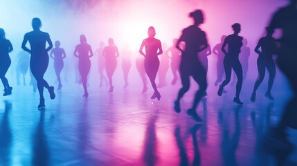 Running women in a fitness studio, neon lighting, blurred motion