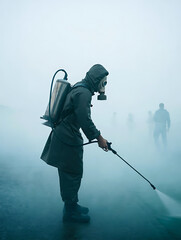 Disinfector in Protective Gear: Spraying Mist in a Foggy Environment