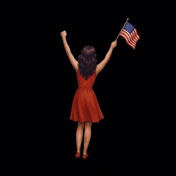 Looped animation of a woman in a red dress waving the American flag with both arms raised.