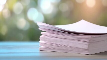 Stack of Papers on Desk: Close-up of a pristine stack of papers resting on a light-blue desk, gently illuminated by soft natural light, evoking feelings of clarity and productivity.