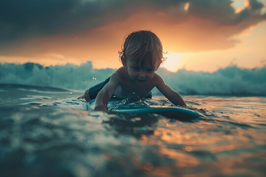 Happy young child enjoying a refreshing surfing experience with water splashes in the sunlight – generative AI