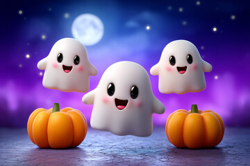 Cute Halloween Ghosts and Pumpkins Against a Night Sky Background