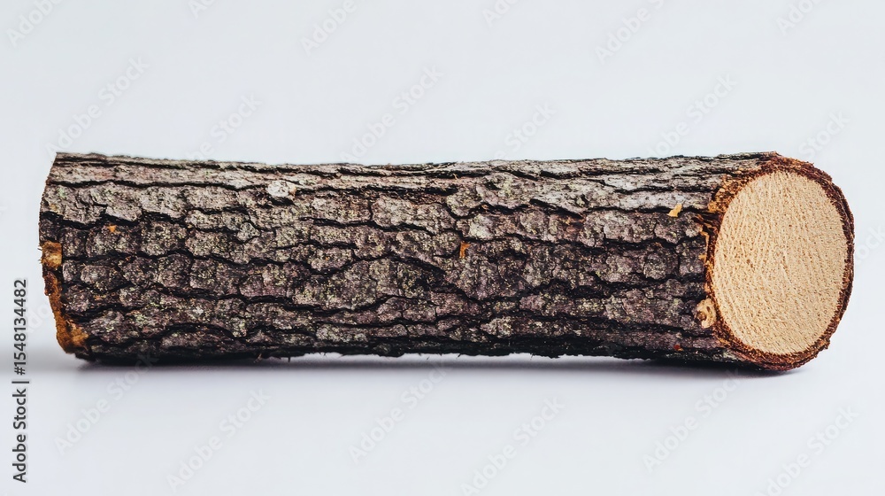 Poster a dry log segment with chipped bark lying flat on a plain white canvas