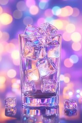Crystal clear glass filled with glowing ice cubes, set against a dreamy pastel bokeh background.