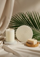 White candle and soap on marble and wood with a palm leaf against a beige backdrop