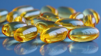 Yellow Soft Gel Capsules on Blue Background