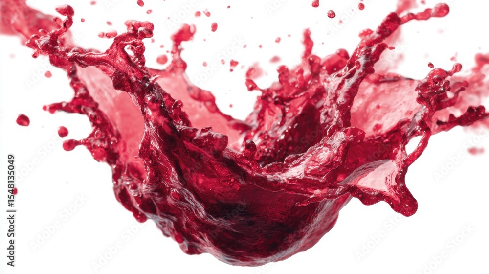 Poster bright red liquid bursts upward in a splash creating an array of droplets against a clean white back