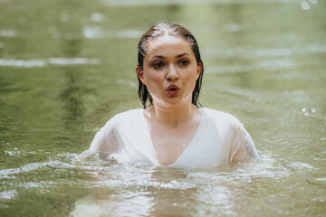 A young woman immersed in a calm river, enjoying the refreshing water amidst nature. The scenery is...