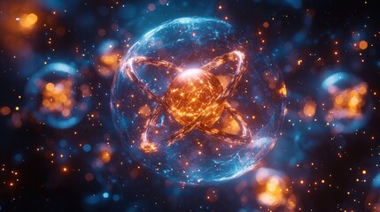 Abstract atom in glowing sphere, cosmic background, scientific concept, possible use for educational materials