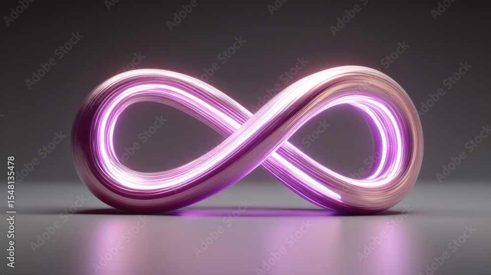 Poster an artistic infinity symbol glows in pink and purple hues, showcasing smooth curves. the illuminated