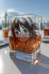 A whimsical glass featuring an engraved anime character, filled with brown beverage.