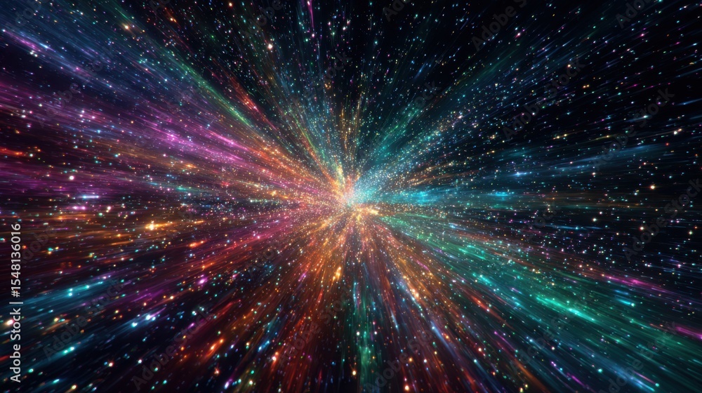 Poster a striking cosmic event features an explosion of colors and light, radiating from a central point in