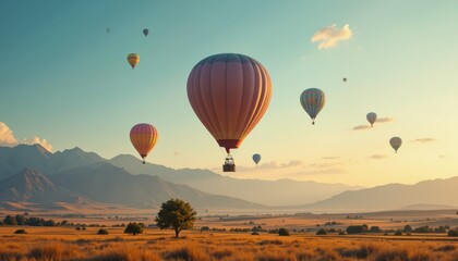 Obraz premium Colorful hot air balloons floating over scenic mountain landscape at sunset aerial view travel content